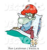 Cartoon Vector of a Sick Man Turning Green While Laying in Medical Bed with Ice Pack over Head by Toonaday
