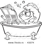 Vector of a Happy Cartoon Girl Reading the Newspaper in a Bath Tub - Coloring Page Outline by Toonaday