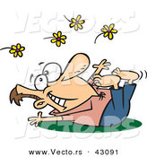 Vector of a Happy Cartoon Man Laying on Grass While Tossing Yellow Flowers into the Air by Toonaday